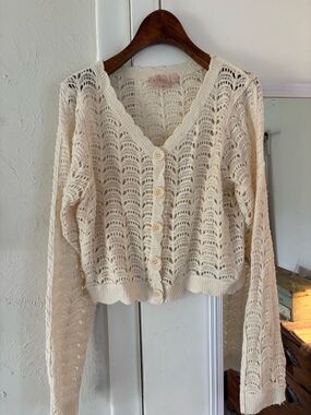 Good Luck Gem Cream Open-Knit Scalloped Button Front Cardigan
